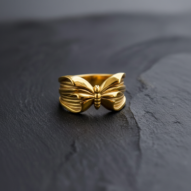Gold vermeil butterfly ring with detailed wing texture displayed on black background