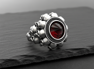 Silver skull ring with a large, round, inverted red stone, shown from the front on a dark, textured slate surface.