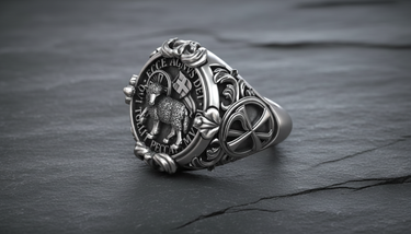 Side view of the sterling silver Lamb of God ring highlighting the intricate Chi-Rho symbol and detailed scrollwork.