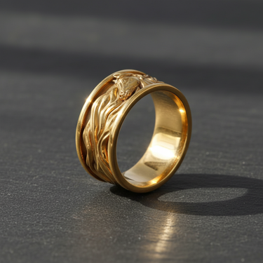 Angled view of gold plated equestrian ring capturing the light and intricate stallion carving on the band