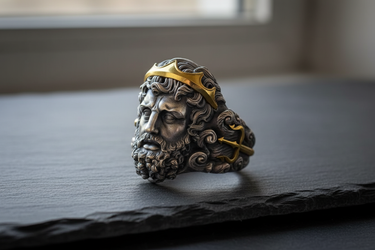 Angled close-up of Poseidon ring highlighting the two-tone design with oxidized silver and gold accents