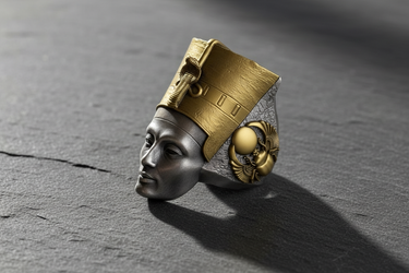 Side angle of Egyptian queen ring highlighting sacred winged scarab beetle detail on the textured silver band and gold crown