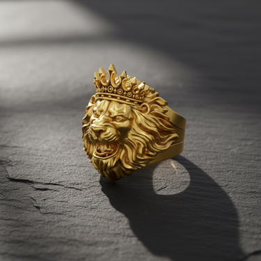 Angled view of gold plated lion ring variant displaying royal design and crown texture on textured surface
