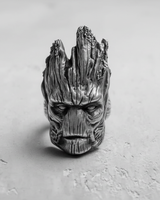 Handcrafted 925 sterling silver Groot ring showing oxidized finish and detailed facial features