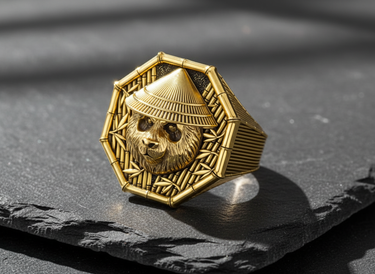 Close-up of intricate panda face and bamboo leaves on handcrafted silver Japanese style ring