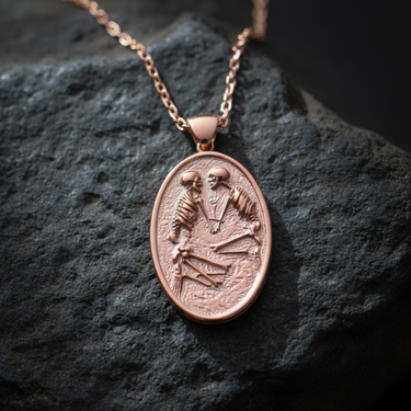 Rose gold plated silver skeleton lovers pendant featuring two skeletons facing each other on dark stone background
