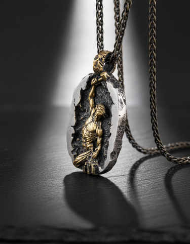 Angled view of handcrafted gold vermeil self creation pendant highlighting the hammer and rough rock texture