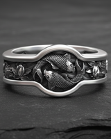 Front view of 925 sterling silver koi fish ring with oxidized finish and intricate scale details