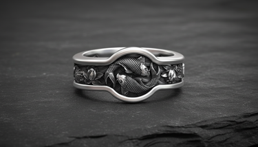 Front view of 925 sterling silver koi fish ring with oxidized finish and intricate scale details