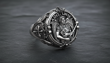 Side profile of handcrafted religious ring displaying ornamental cross shield and wing details