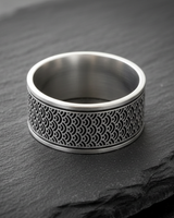 925 sterling silver Japanese wave ring featuring intricate Seigaiha pattern on slate background