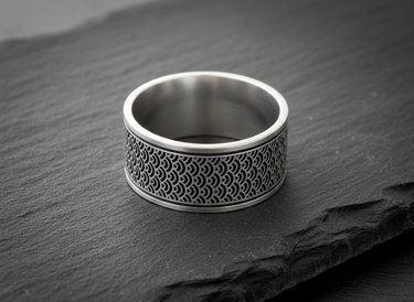 925 sterling silver Japanese wave ring featuring intricate Seigaiha pattern on slate background