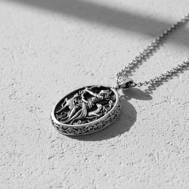 Angled view of oxidized silver goddess Diana necklace showing intricate relief details and bail thickness on stone surface