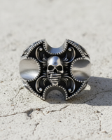 Front view of handcrafted 925 sterling silver gothic skull ring featuring ornate scrollwork and oxidized finish