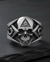Front view of silver masonic skull ring featuring an All-Seeing Eye on the forehead and detailed 925 sterling silver carving