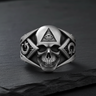 Front view of silver masonic skull ring featuring an All-Seeing Eye on the forehead and detailed 925 sterling silver carving