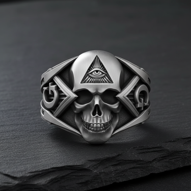 Front view of silver masonic skull ring featuring an All-Seeing Eye on the forehead and detailed 925 sterling silver carving