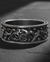 Handcrafted Silver Rococo Band Ring featuring deep relief floral scrollwork on a dark textured background