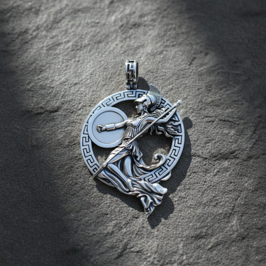 Close up of handcrafted silver Greek goddess pendant showing intricate warrior details and Corinthian helmet