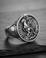 Side profile of sterling silver ring showing Faith and Courage inscription and cross shield emblem
