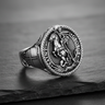 Side profile of sterling silver ring showing Faith and Courage inscription and cross shield emblem