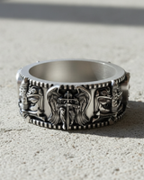 Front view of 925 sterling silver ring with angel knight holding sword and castle border details
