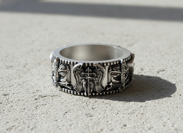 Front view of 925 sterling silver ring with angel knight holding sword and castle border details