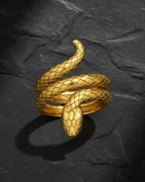 Top down view of gold-plated sterling silver snake ring variant highlighting diamond pattern scales and spiral shape