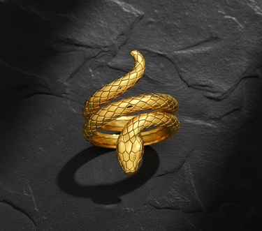 Top down view of gold-plated sterling silver snake ring variant highlighting diamond pattern scales and spiral shape