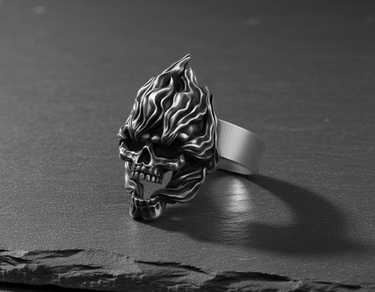 Handcrafted 925 sterling silver flaming skull ring featuring intricate fire details on dark background