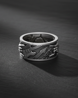 925 sterling silver rock guitar ring featuring electric bass and guitar relief on dark stone background