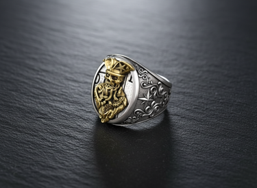Angled view of the pirate skull ring with gold-plated details on the undead captain, set against a dark textured background.
