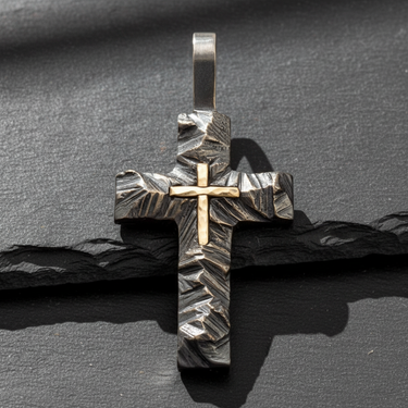Front facing 925 sterling silver cross pendant featuring rugged oxidized texture and 14k gold center accent