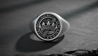 925 sterling silver Templar Masonic ring featuring Cross and Crown symbol and Latin motto In Hoc Signo Vinces