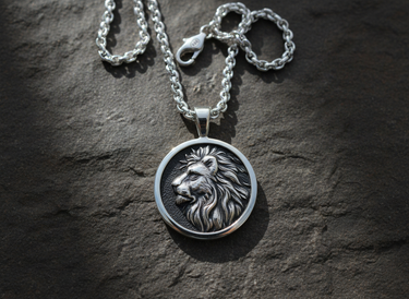 Full view of handcrafted silver lion necklace with chain displayed on a natural slate surface with clasp visible