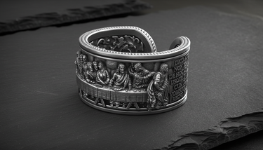 Side view of adjustable religious ring showing Latin inscription and open cuff design