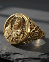 Angled shot of the Christian Shepherd Ring in a gold finish, displaying the high-relief carving and polished band details.