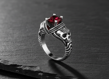 Side profile of gothic skull ring showing intricate 925 sterling silver carving and ribbed band