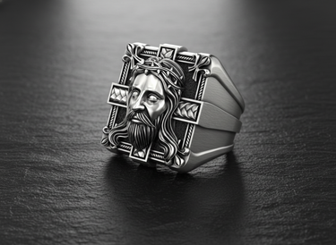 Angled view of handcrafted 925 silver religious ring with Jesus portrait and fleur-de-lis corners