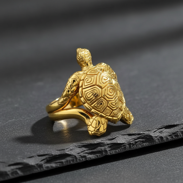 Gold plated silver turtle ring back view highlighting realistic carapace carving and craftsmanship