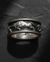 Front view of Taurus zodiac ring with charging bull design handcrafted in premium sterling silver