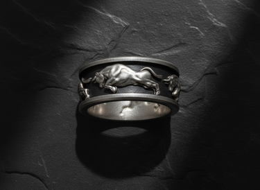 Front view of Taurus zodiac ring with charging bull design handcrafted in premium sterling silver