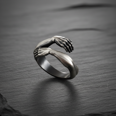 925 sterling silver hug ring featuring two hands wrapping around finger on dark stone background