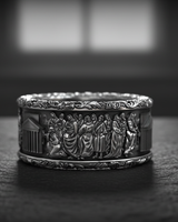 Front view of handcrafted 925 sterling silver apostles ring showing detailed figures of Jesus and disciples