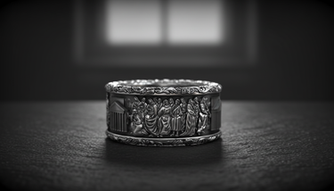 Front view of handcrafted 925 sterling silver apostles ring showing detailed figures of Jesus and disciples