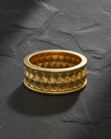 Gold vermeil dragon scale ring crafted from 925 sterling silver featuring overlapping armor texture on dark stone surface