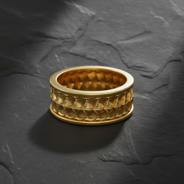 Gold vermeil dragon scale ring crafted from 925 sterling silver featuring overlapping armor texture on dark stone surface