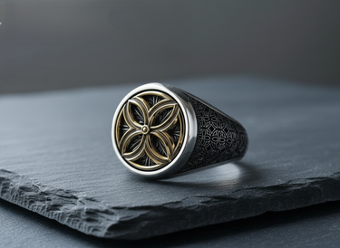 Men's Silver Flower of Life Ring in 925 sterling silver with a gold-tone floral centerpiece on a dark slate surface.