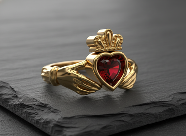 Gold vermeil Claddagh ring with a radiant red heart-shaped gemstone, shown in a close-up on a dark slate surface.