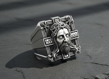 925 sterling silver Jesus ring featuring crown of thorns and fleur de lis details on grey background
